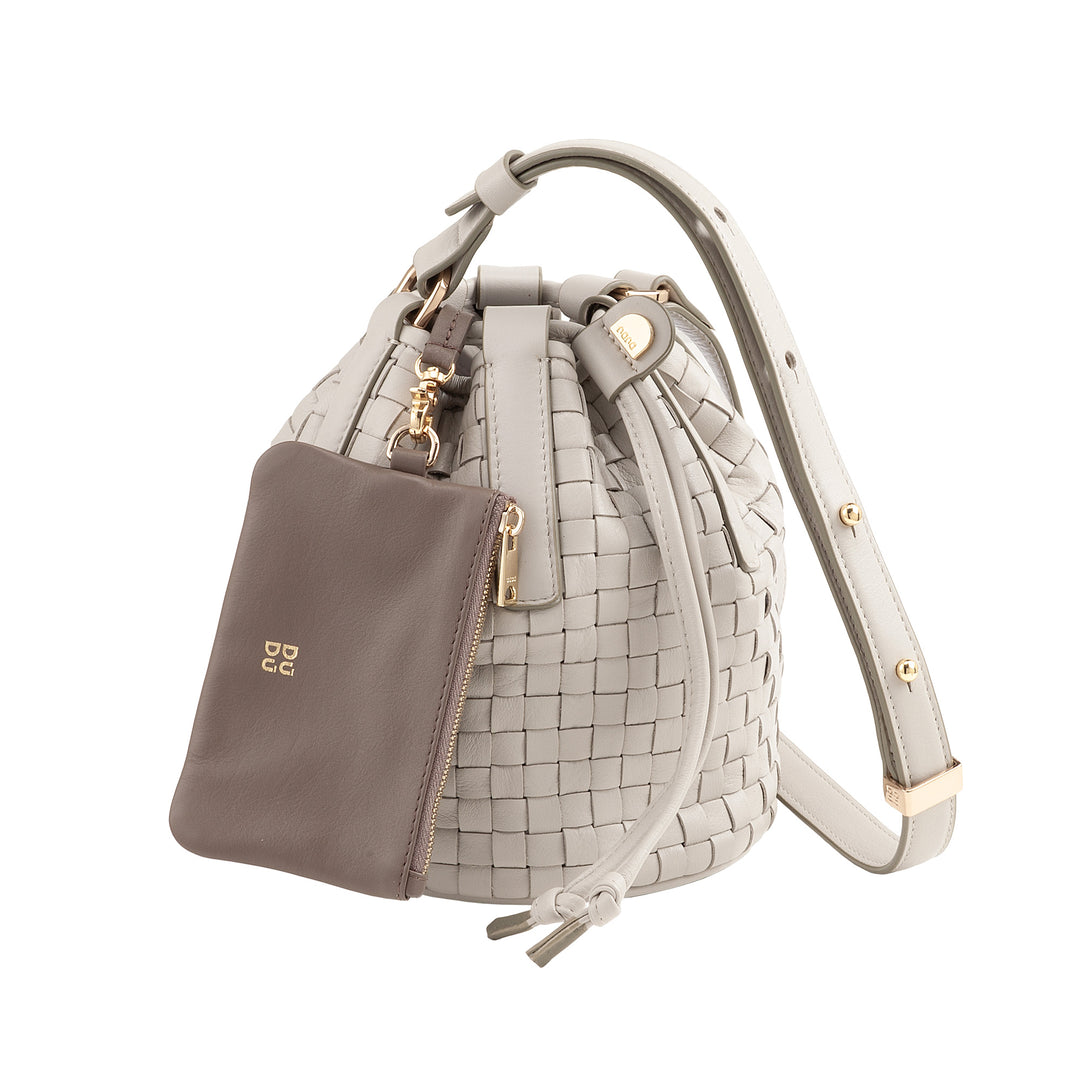 DUDU geweven leren emmertas - kleine dameshandtas met verstelbare schouderriem, trekkoord en interne clutch, elegant en vakmanschap