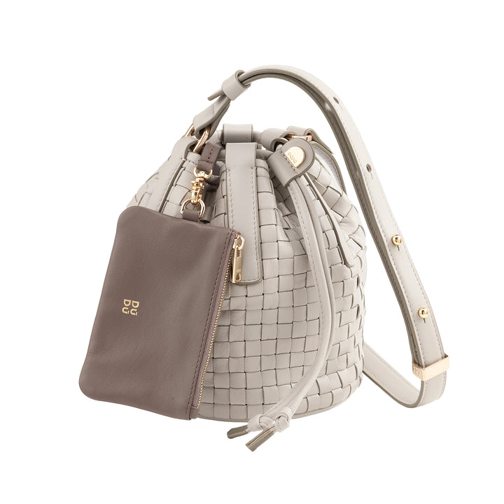 DUDU geweven leren emmertas - kleine dameshandtas met verstelbare schouderriem, trekkoord en interne clutch, elegant en vakmanschap