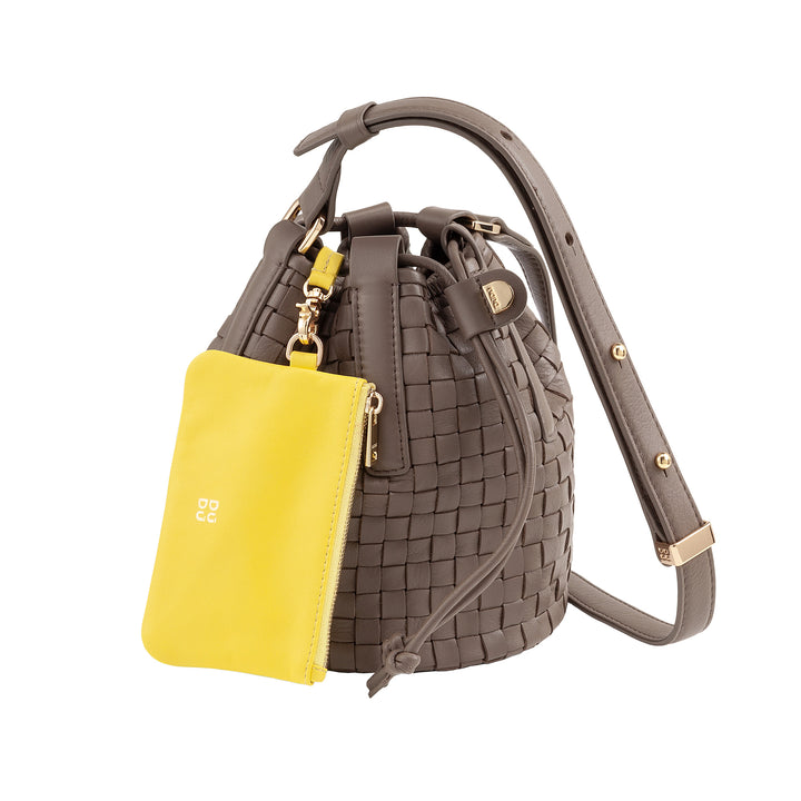 DUDU geweven leren emmertas - kleine dameshandtas met verstelbare schouderriem, trekkoord en interne clutch, elegant en vakmanschap