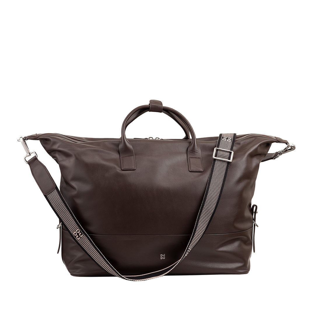 DUDU Herren- und Damen-Reisetasche aus Leder, Wochenendtasche mit zwei Griffen, Handgepäck oder Umhängetasche 28 Liter mit Reißverschluss