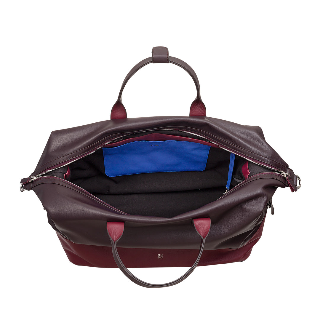 DUDU Herren- und Damen-Reisetasche aus Leder, Wochenendtasche mit zwei Griffen, Handgepäck oder Umhängetasche 28 Liter mit Reißverschluss