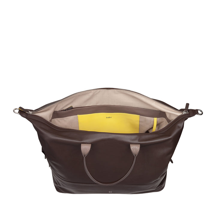 DUDU Herren- und Damen-Reisetasche aus Leder, Wochenendtasche mit zwei Griffen, Handgepäck oder Umhängetasche 28 Liter mit Reißverschluss