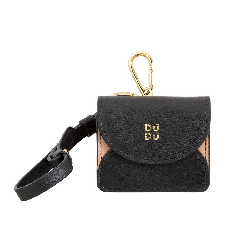 DUDU Air Pod-oortelefoonhoesje van echt leer met sleutelhanger - Mini-cover met karabijnhaak, elegant en compact