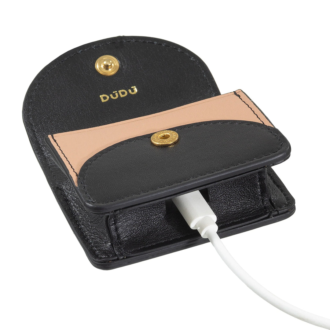 DUDU Air Pod-oortelefoonhoesje van echt leer met sleutelhanger - Mini-cover met karabijnhaak, elegant en compact