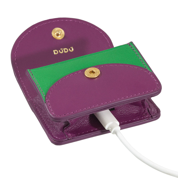 DUDU Air Pod-oortelefoonhoesje van echt leer met sleutelhanger - Mini-cover met karabijnhaak, elegant en compact