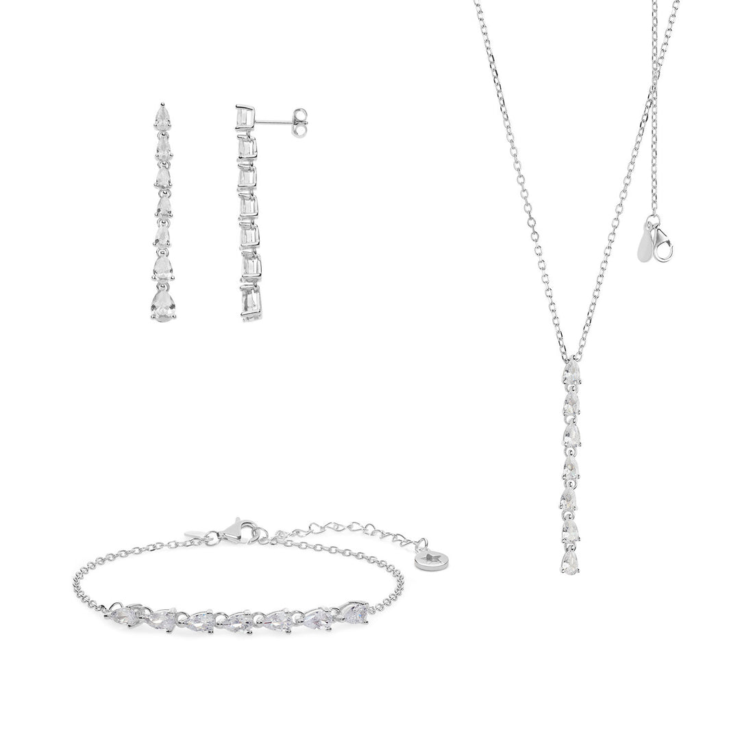 Comete Halskette, Ohrringe und Armband aus Silber mit weißen Kristallen KIT243192232