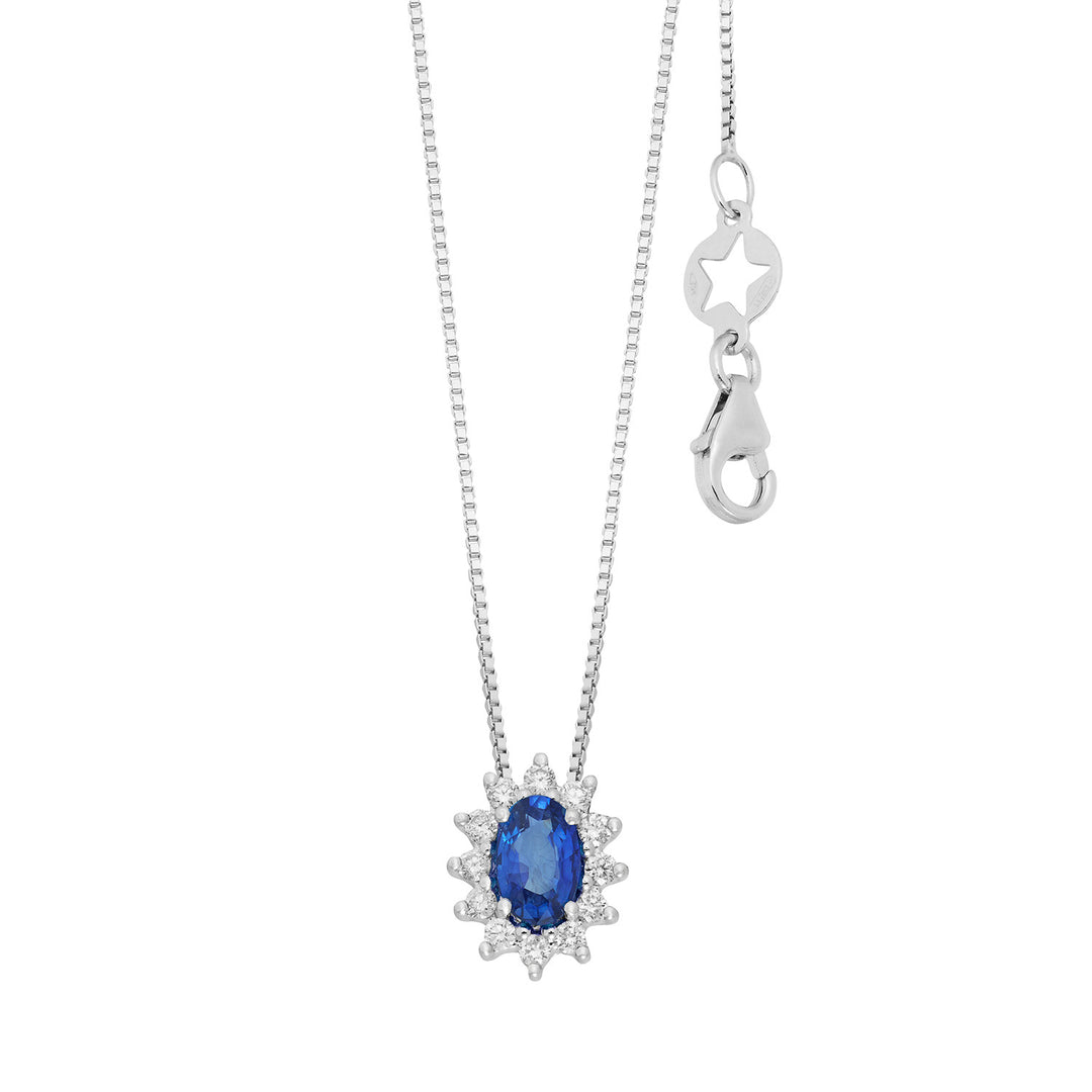 Comete ketting in witgoud met diamanten en ovale saffier GLB1700