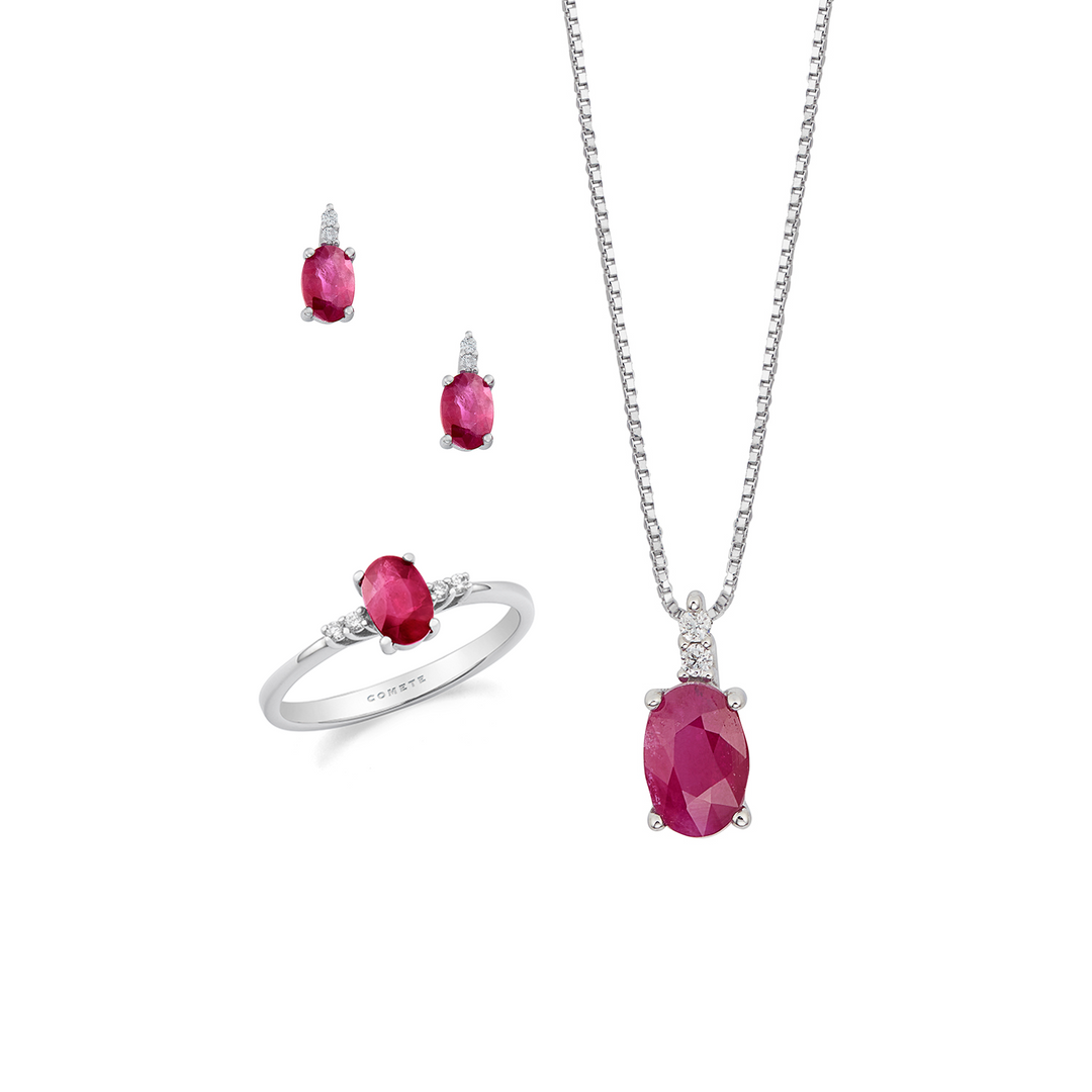 Comete Necklace, ring and earrings Gold and white diamonds, oval ruby KIT165726871104