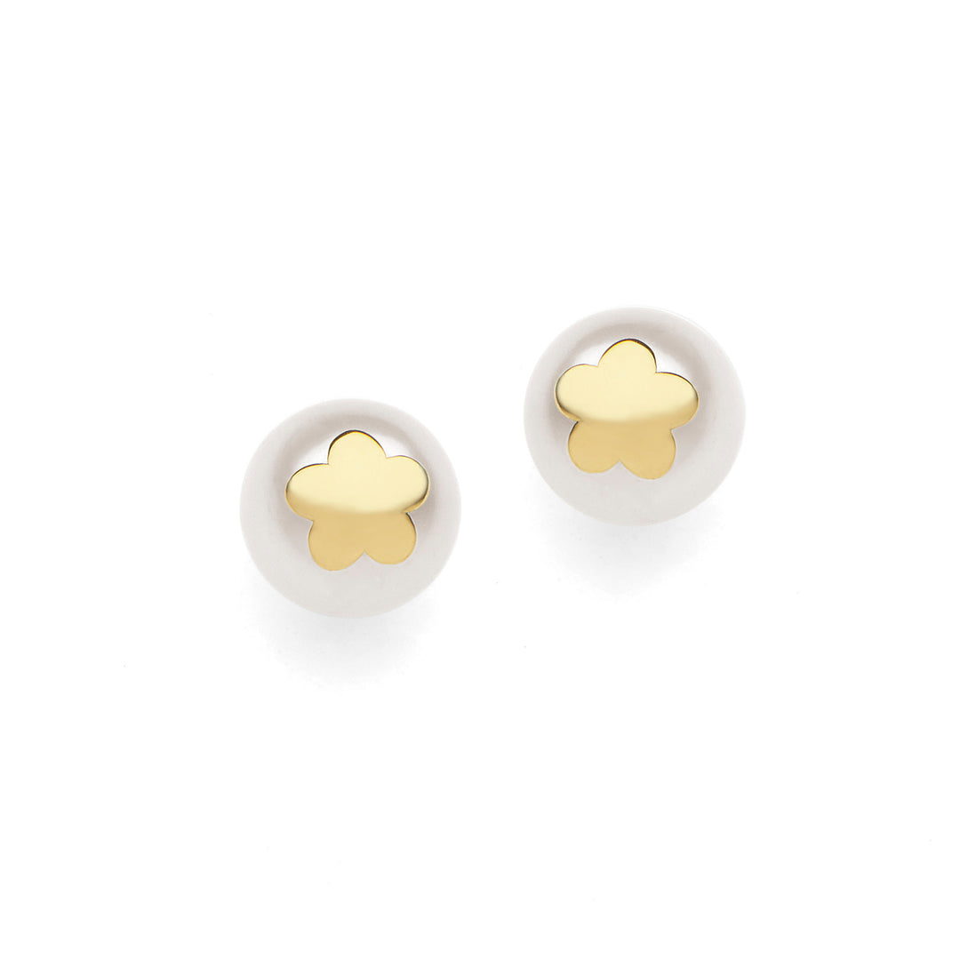 Comete Oorbellen Parels in wit goud met Bloem in geel goud ORP647