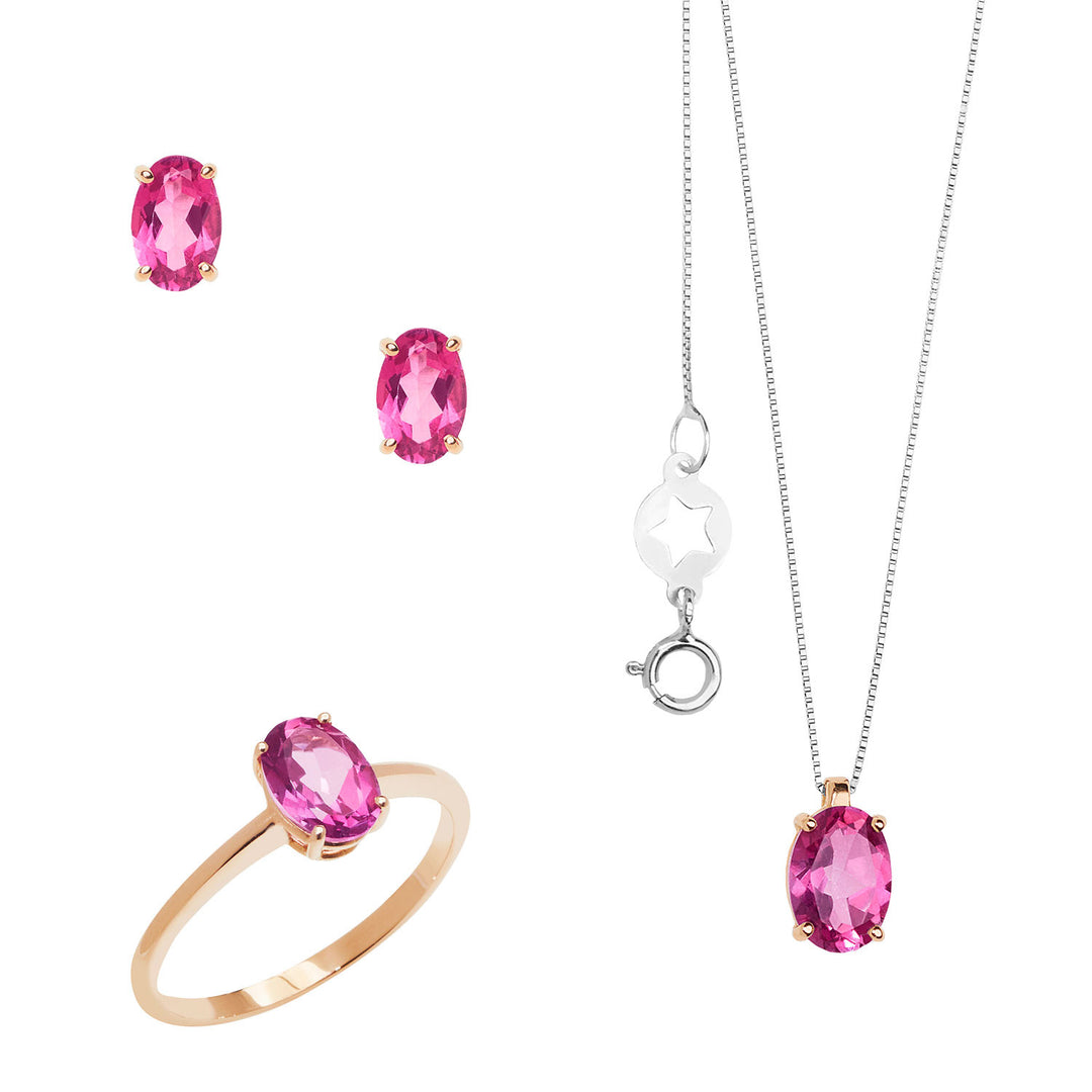 Comete Halskette, Ring und Ohrringe aus Roségold mit ovalem rosa Topas KIT164326781094