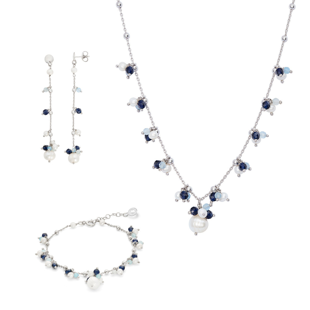 Comete Armband, Halskette und Ohrringe 925‰ Silber mit Aquamarin, blauen Steinen und Perlen KIT271221271