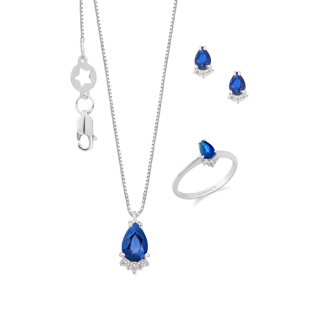 Comete Ring, ketting en oorbellen 750‰ goud, diamanten en saffierdruppel KIT169727401149