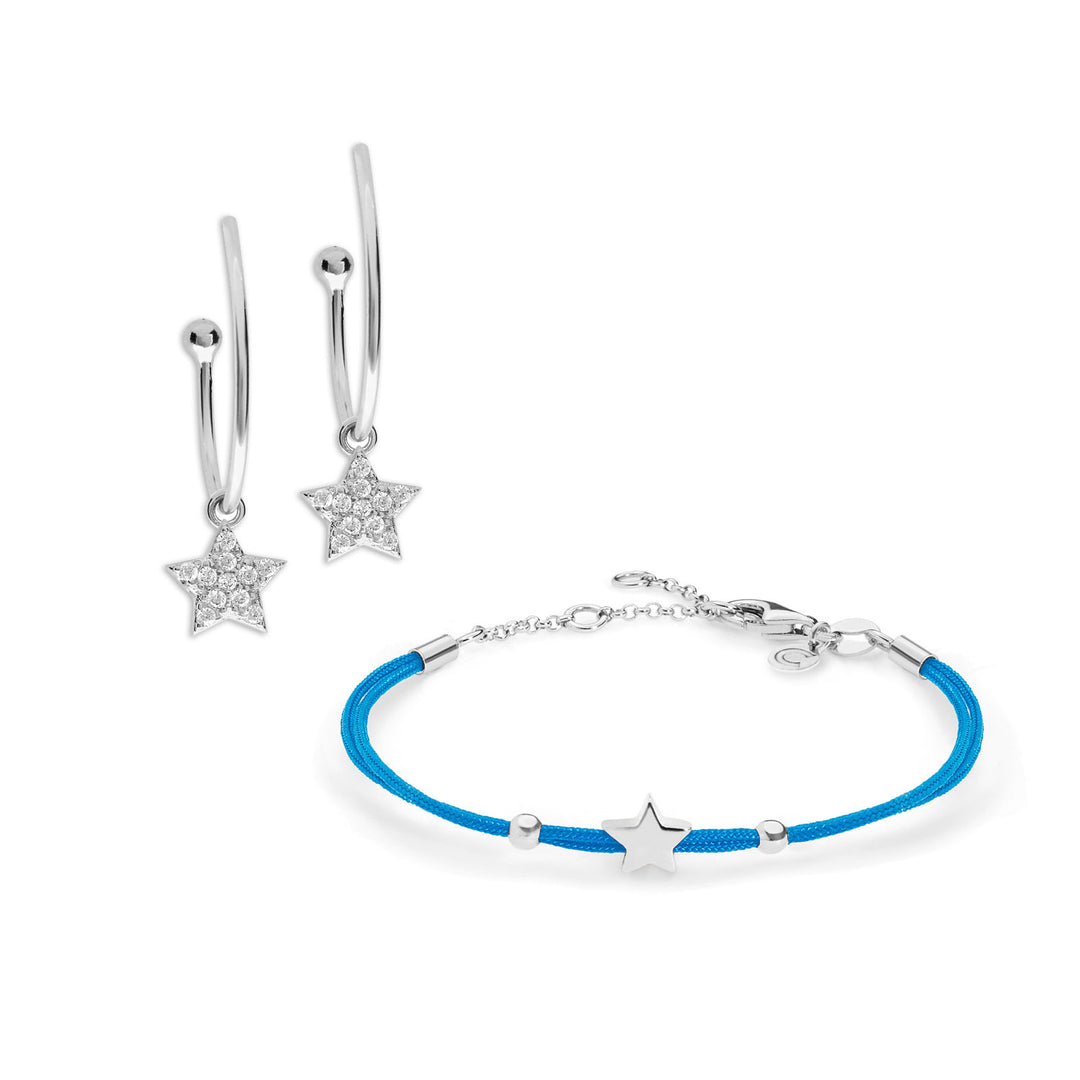 Comete-Ohrringe und Stern-Armband in Silber mit blauer Kordel KIT174159