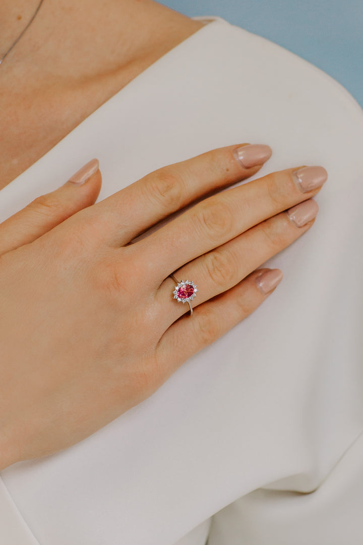 Comete Gold Ring with Diamonds and Pink Topaz oval ANB2593