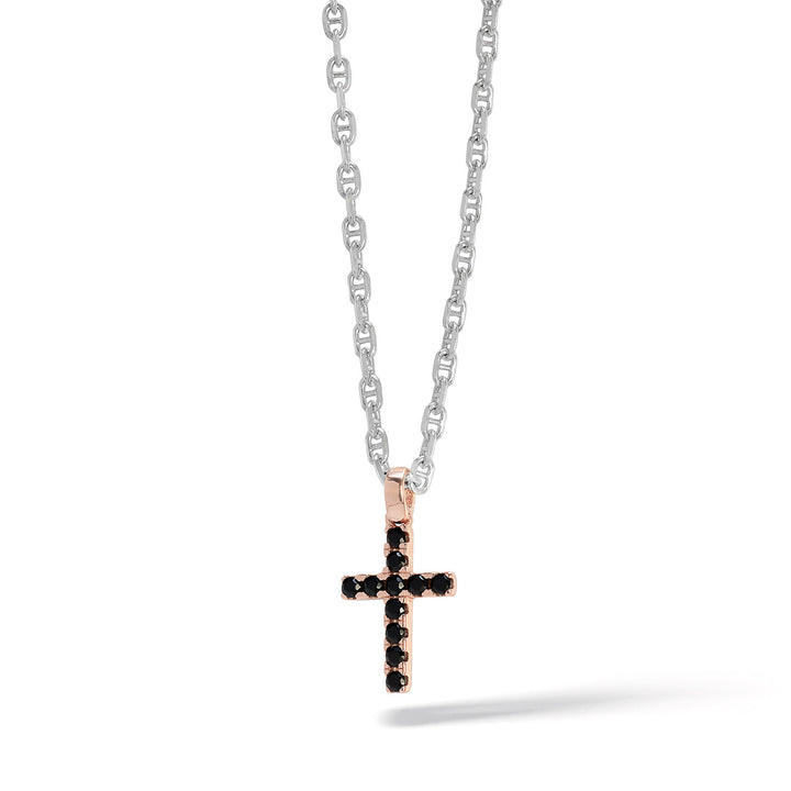 Comete Cross Necklace in rosé Silver with black zircons Small UGL729