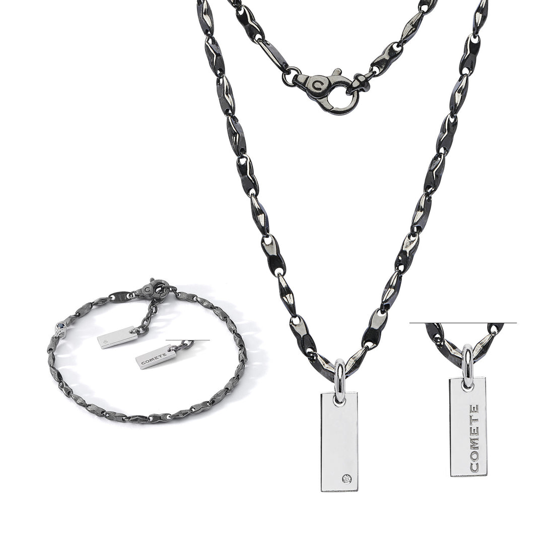 Comete armband en ketting in gepolijst en gepolijst zilver, diamant en zwarte spinels KIT7511259