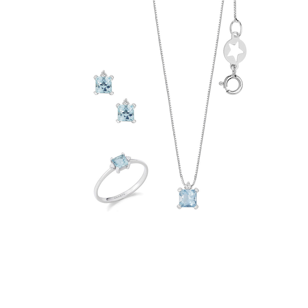Comete Choker, ring en oorbellen in witgoud Diamanten en aquamarijn carrè KIT316351276
