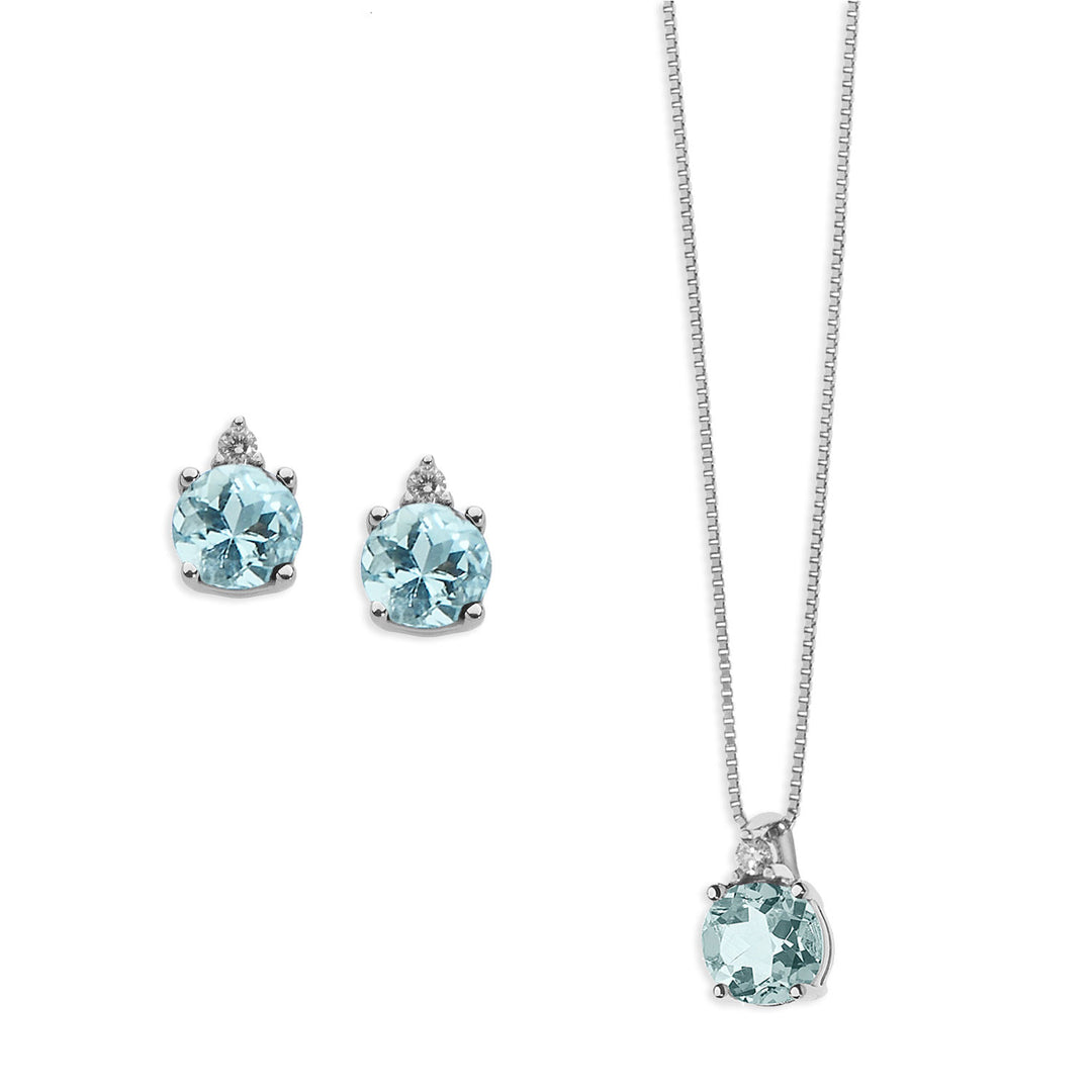 Comete Halskette und Ohrringe Geschichte des Lichts in Diamanten und rundem Aquamarin KIT1383879