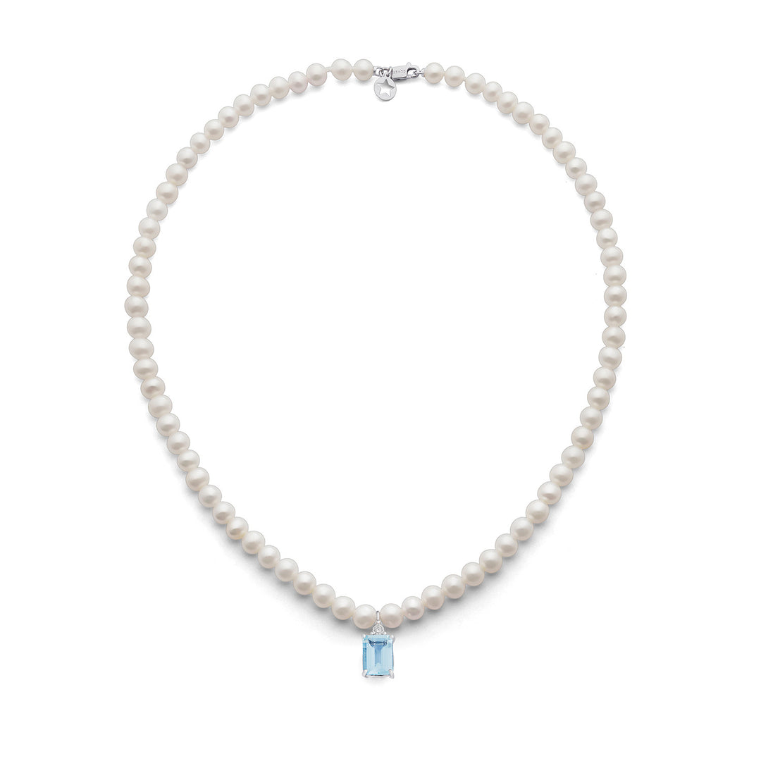 Comete ketting parels in goud en diamant en achthoekig aquamarijn FWQ379