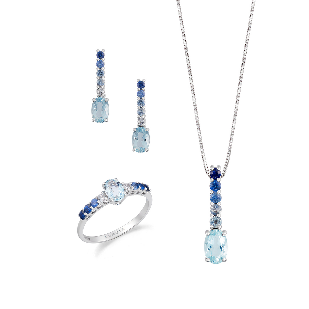 Comete Halskette, Ring und Ohrringe aus 750‰ Gold. Gradé-Saphire und ovaler Aquamarin KIT310345267