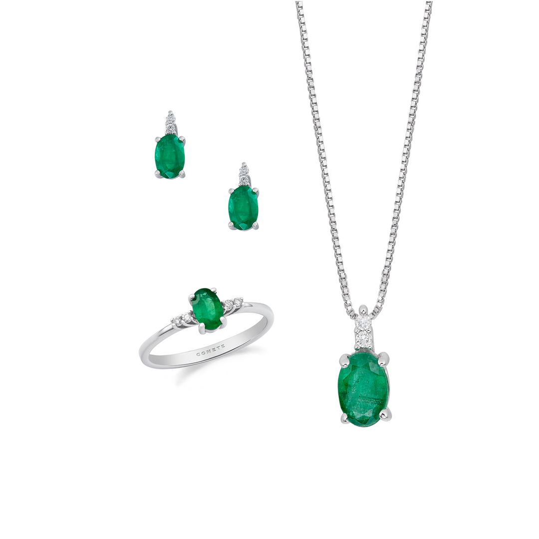 Comete Halskette, Ring und Ohrringe Gold und weiße Diamanten, ovaler Smaragd KIT1658S32688S31105S3