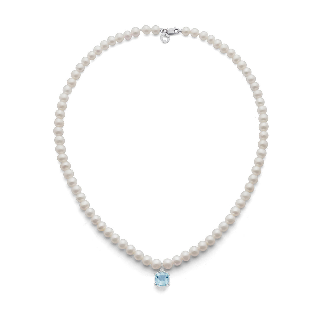 Comete-Halskette mit Perlen aus Gold und Diamanten im Antikschliff und Aquamarin FWQ377