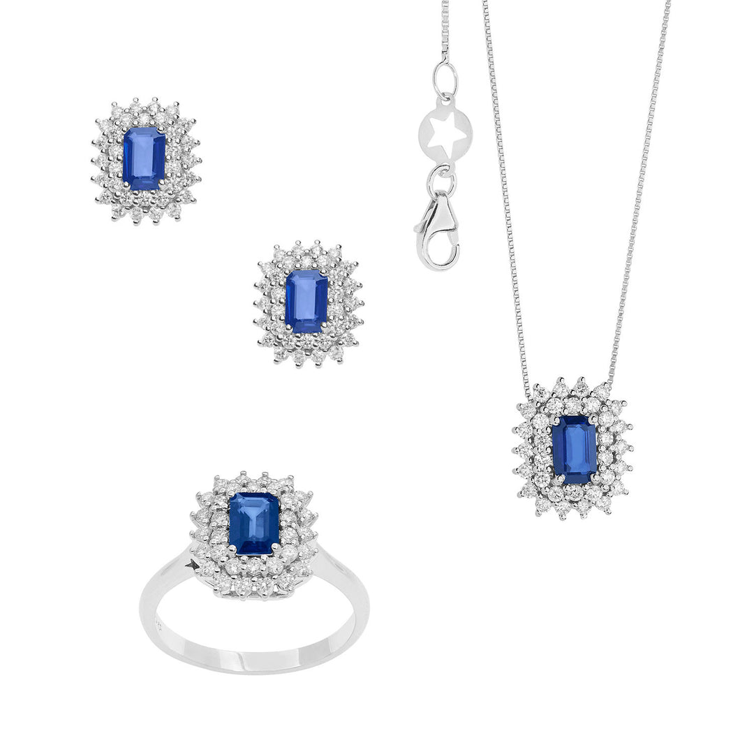 Comete Necklace, Ring and Earrings Regina in Gold, Diamonds and octagonal Sapphire KIT160326231058