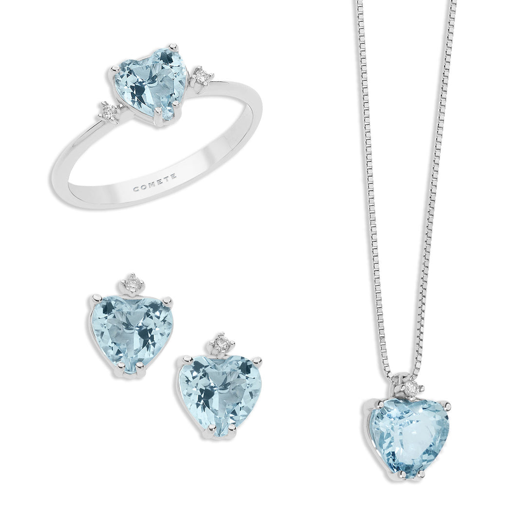 Comete ketting, ring en oorbellen in gouden diamant en aquamarijn hart KIT272300235
