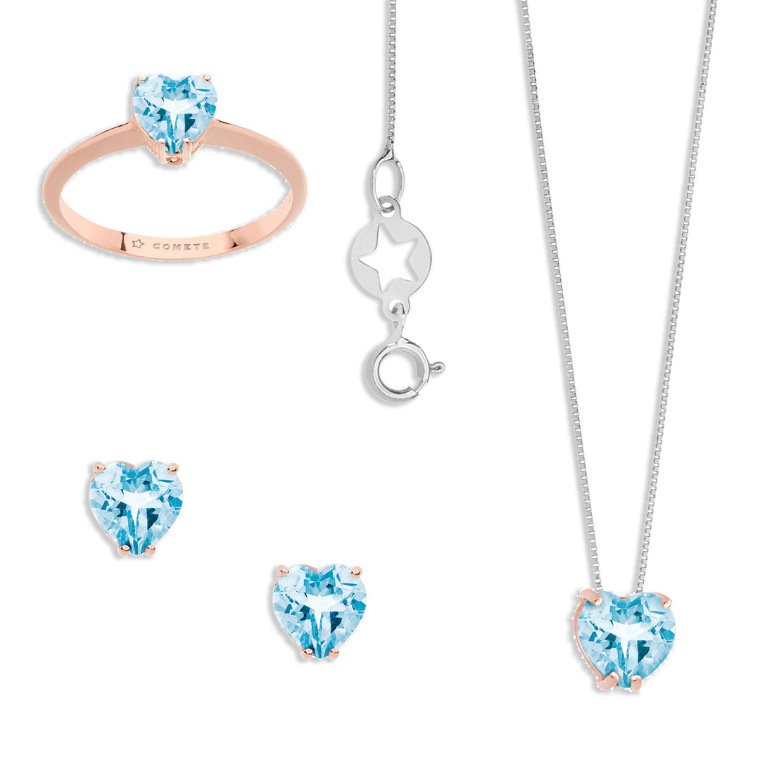 Comete-Halskette, Ring und Ohrringe aus Roségold und blauem Topas-Herz KIT154625441014