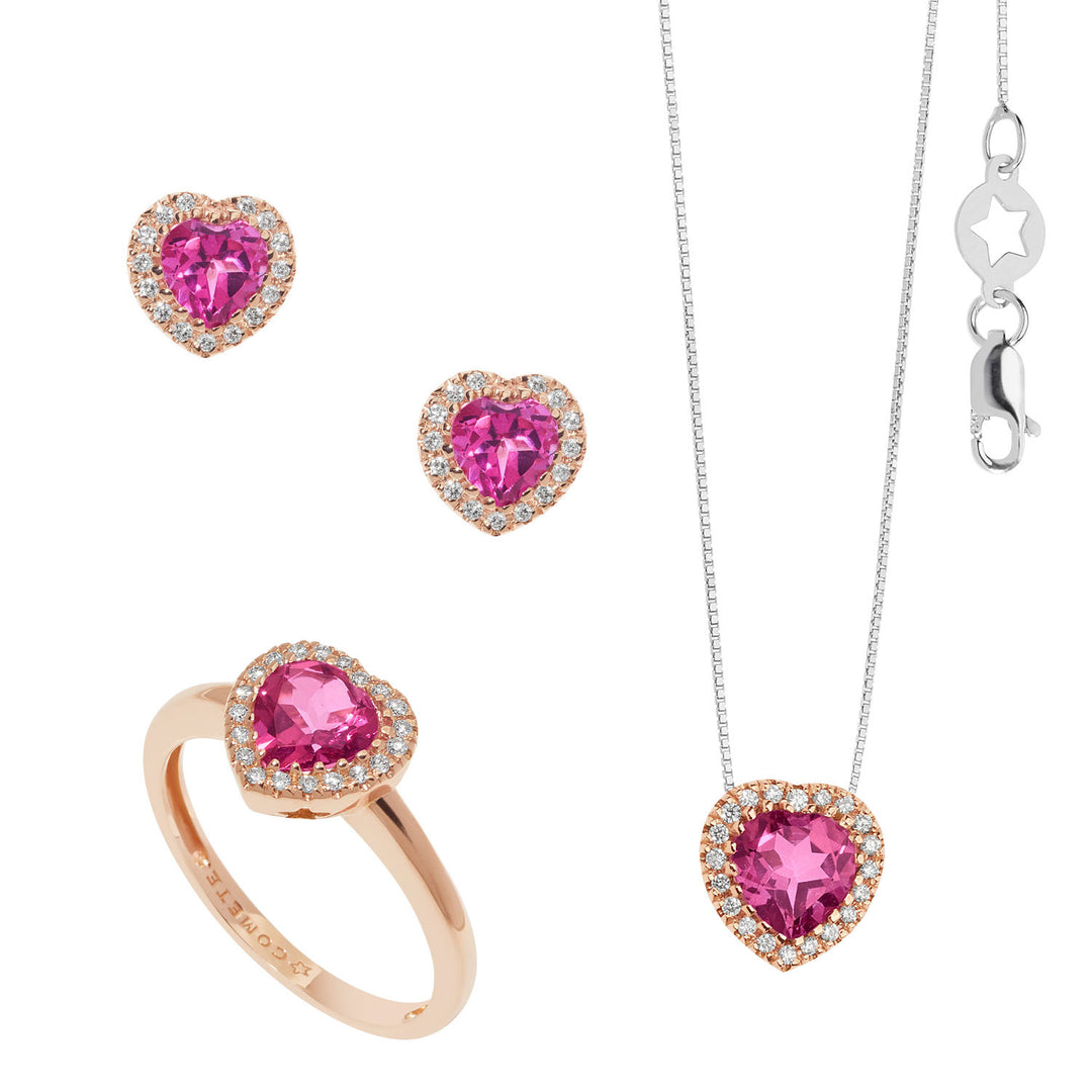Comete-Halskette, Ring und Ohrringe aus Golddiamanten und rosa Topasherz KIT157825921036