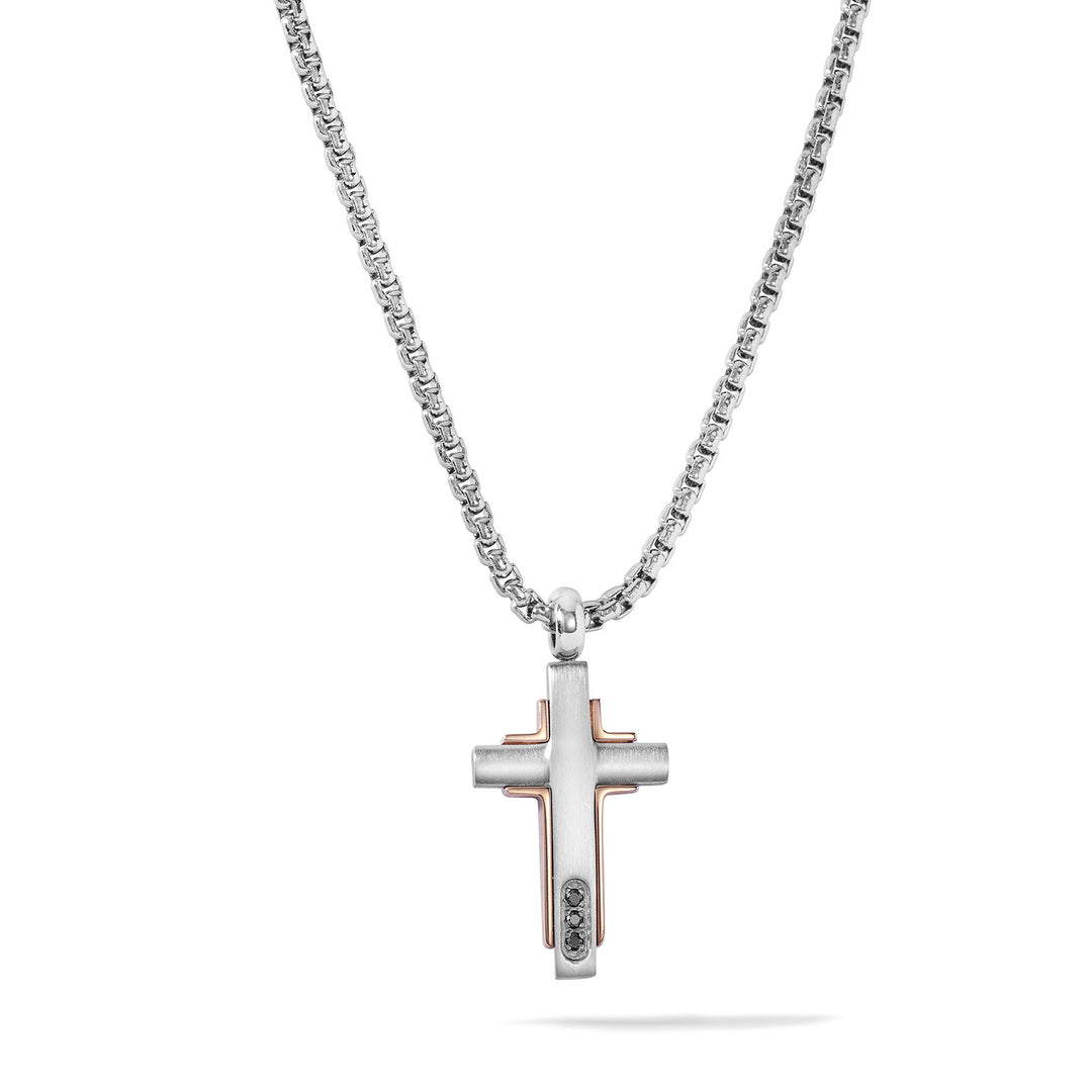 Comete Necklace with cross in steel, pink pvd and black zircons UGL755