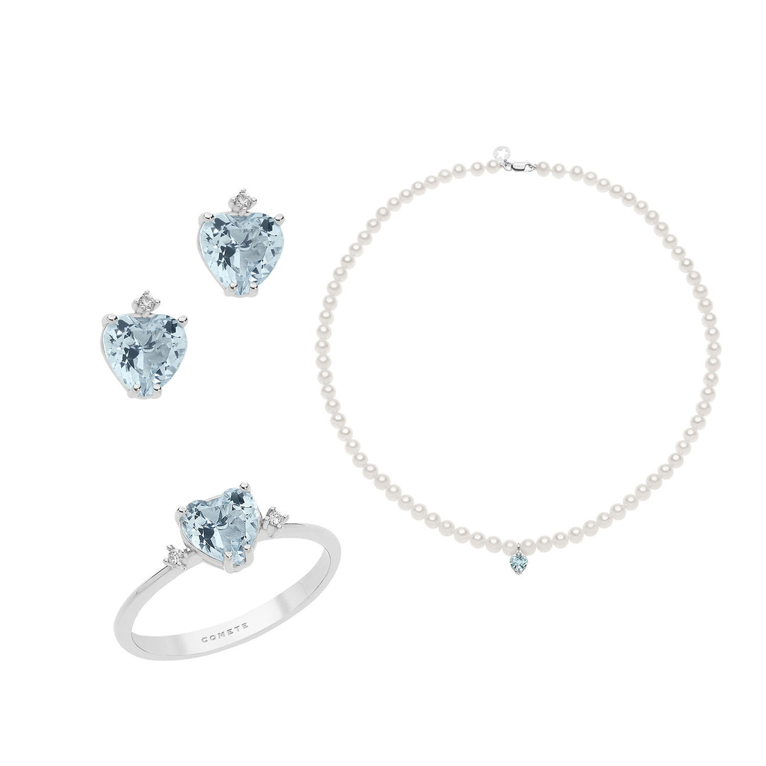 Comete Halskette, Ring und Ohrringe mit Süßwasserperlen in Gold, Diamanten und Aquamarin KIT323300235