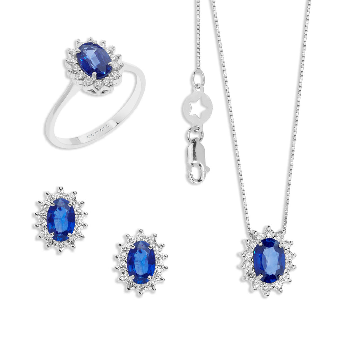 Comete Necklace, Ring and Earrings in Gold Diamonds and Oval Blue Sapphires KIT156425691022