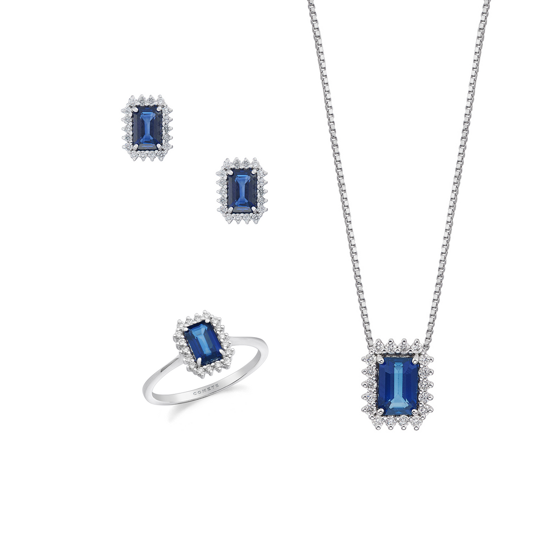 Comete Necklace, ring and earrings in 750‰ gold, diamonds and octagonal blue sapphire KIT166226921106