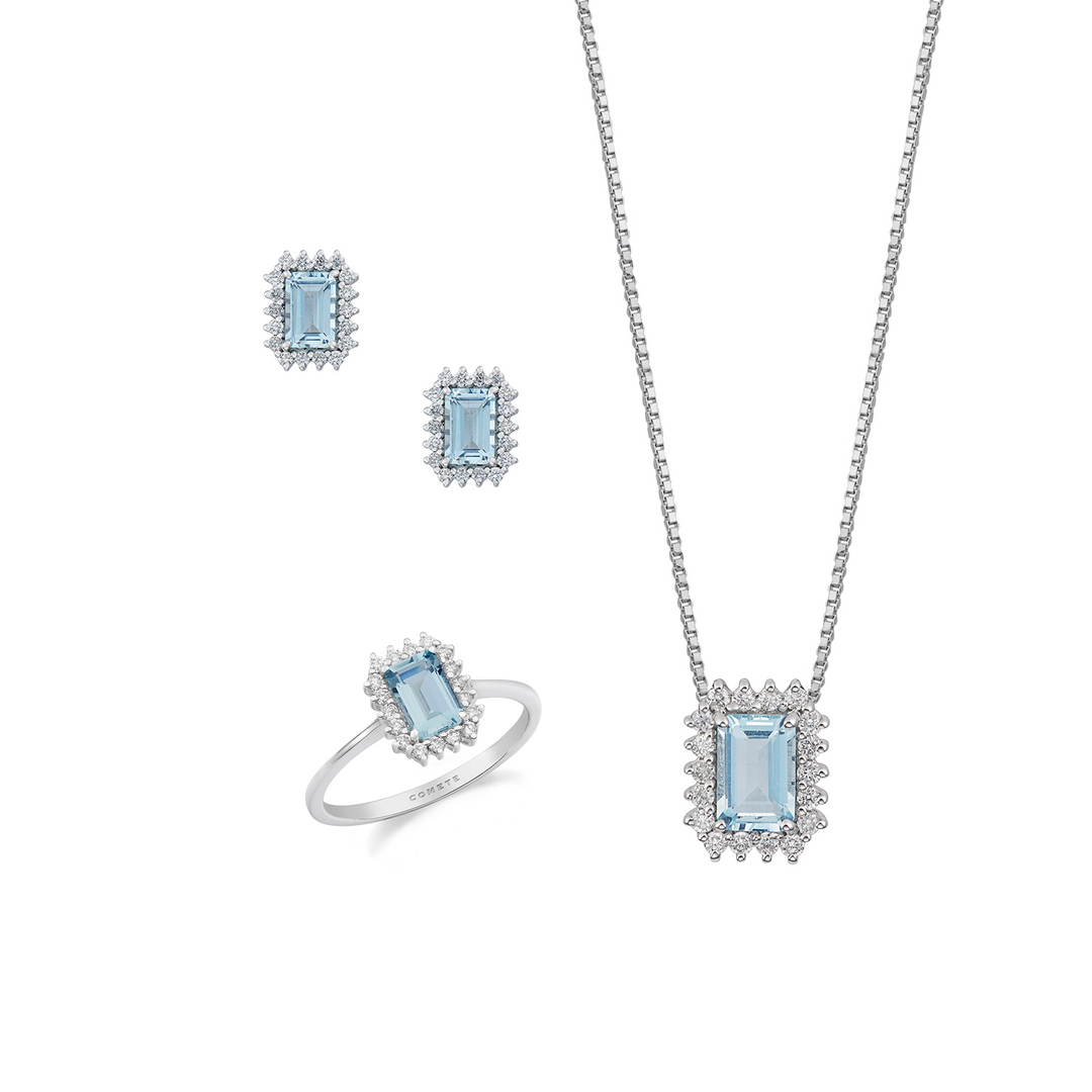 Comete Halsketting, ring en oorbellen in 750‰ witgoud, diamanten, achthoekige aquamarijn KIT308343272
