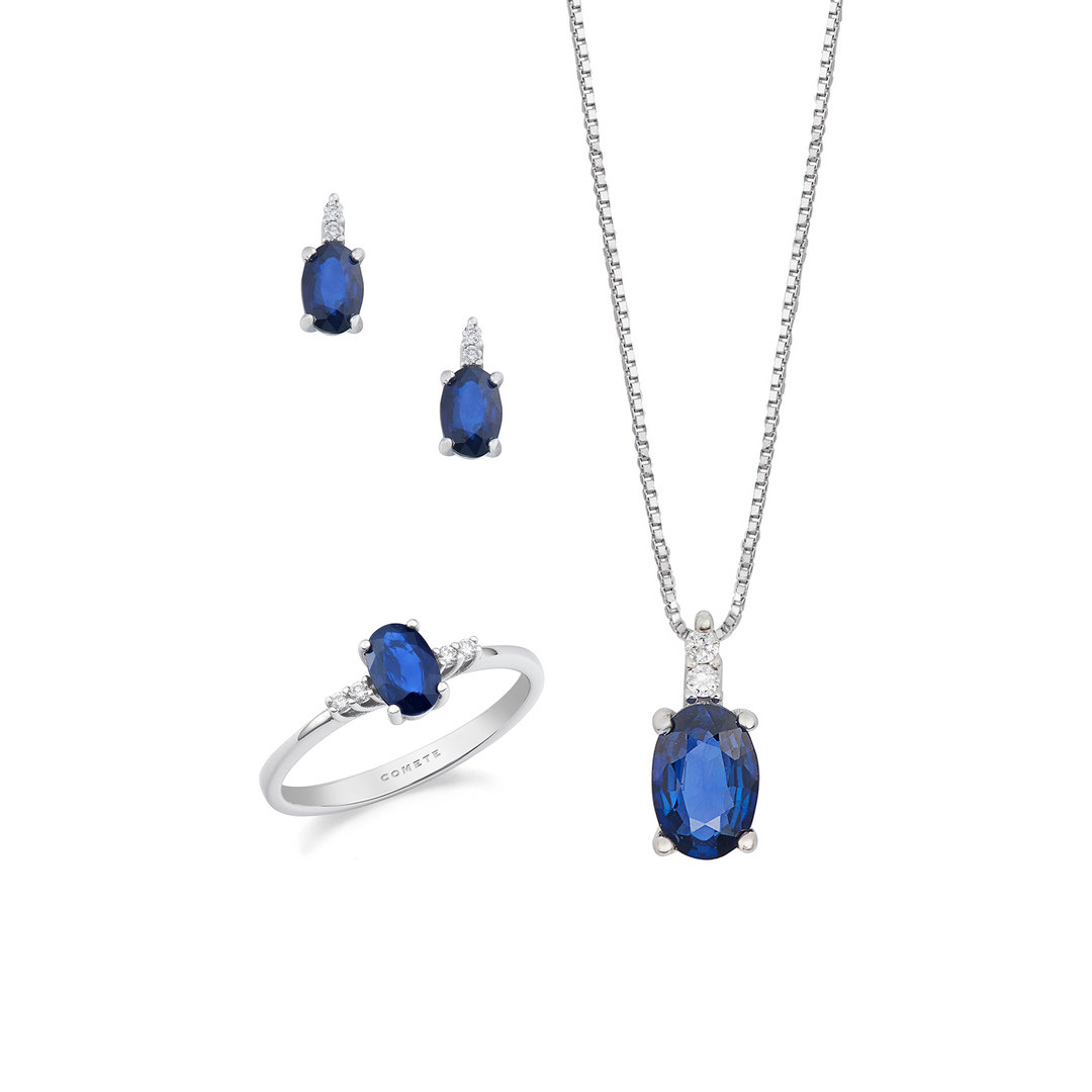 Comete Necklace, ring and earrings Gold and white diamonds, oval blue sapphire KIT165626861103