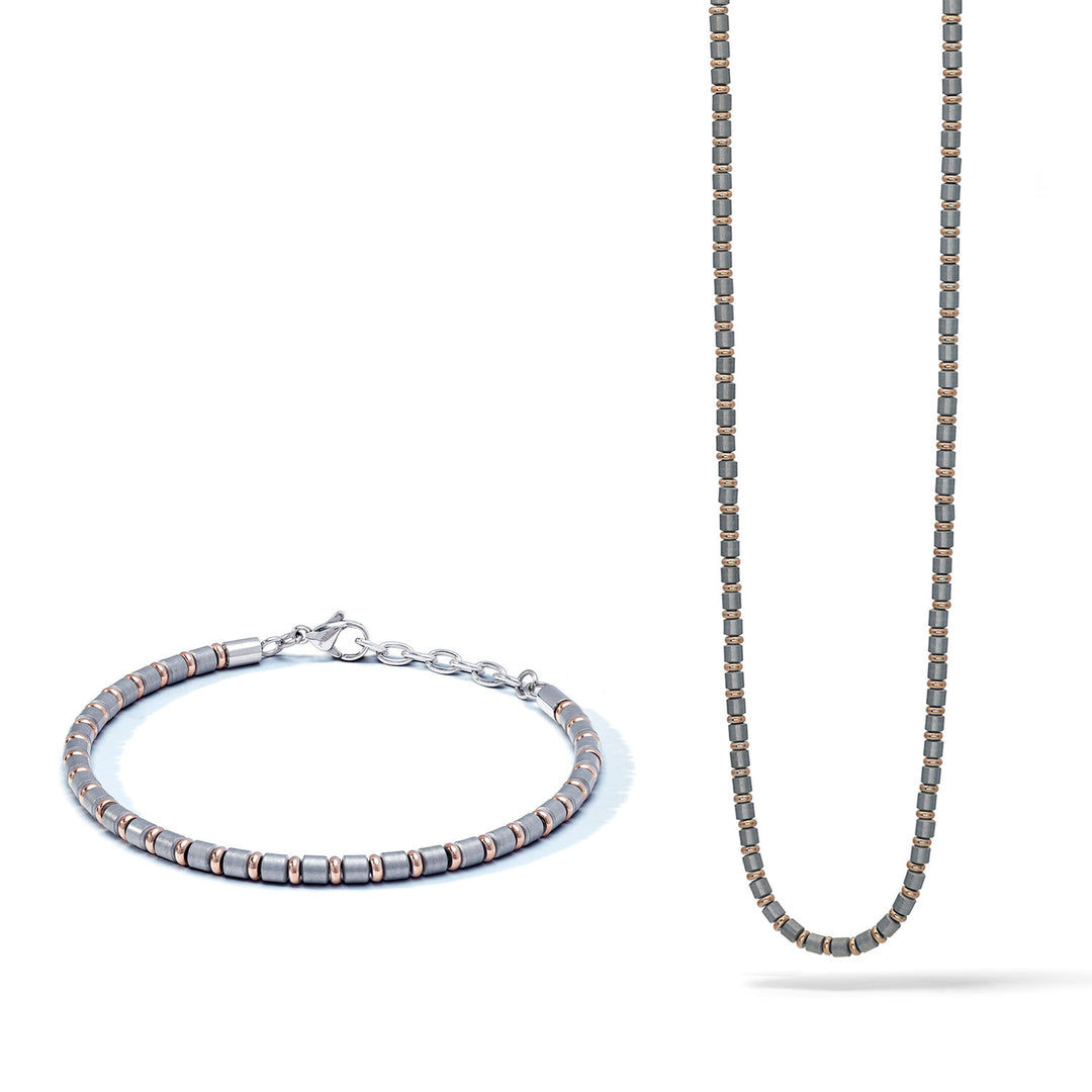Comete Necklace and Bracelet in Steel, pink and gray PVD with Hematite KIT7311145