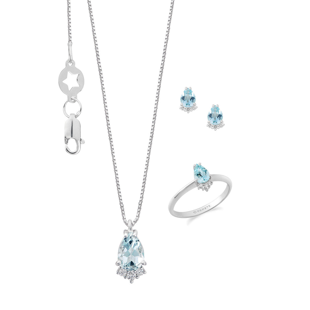Comete Ring, ketting en oorbellen 750‰ goud, diamanten en aquamarijn druppel KIT320359280