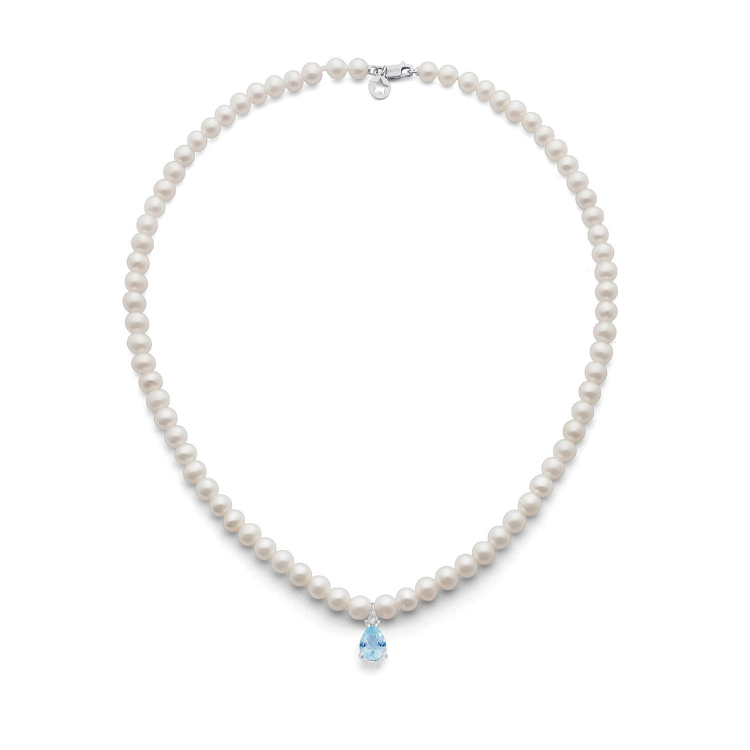 Comete choker ketting parels in goud en diamant en aquamarijn druppel FWQ378