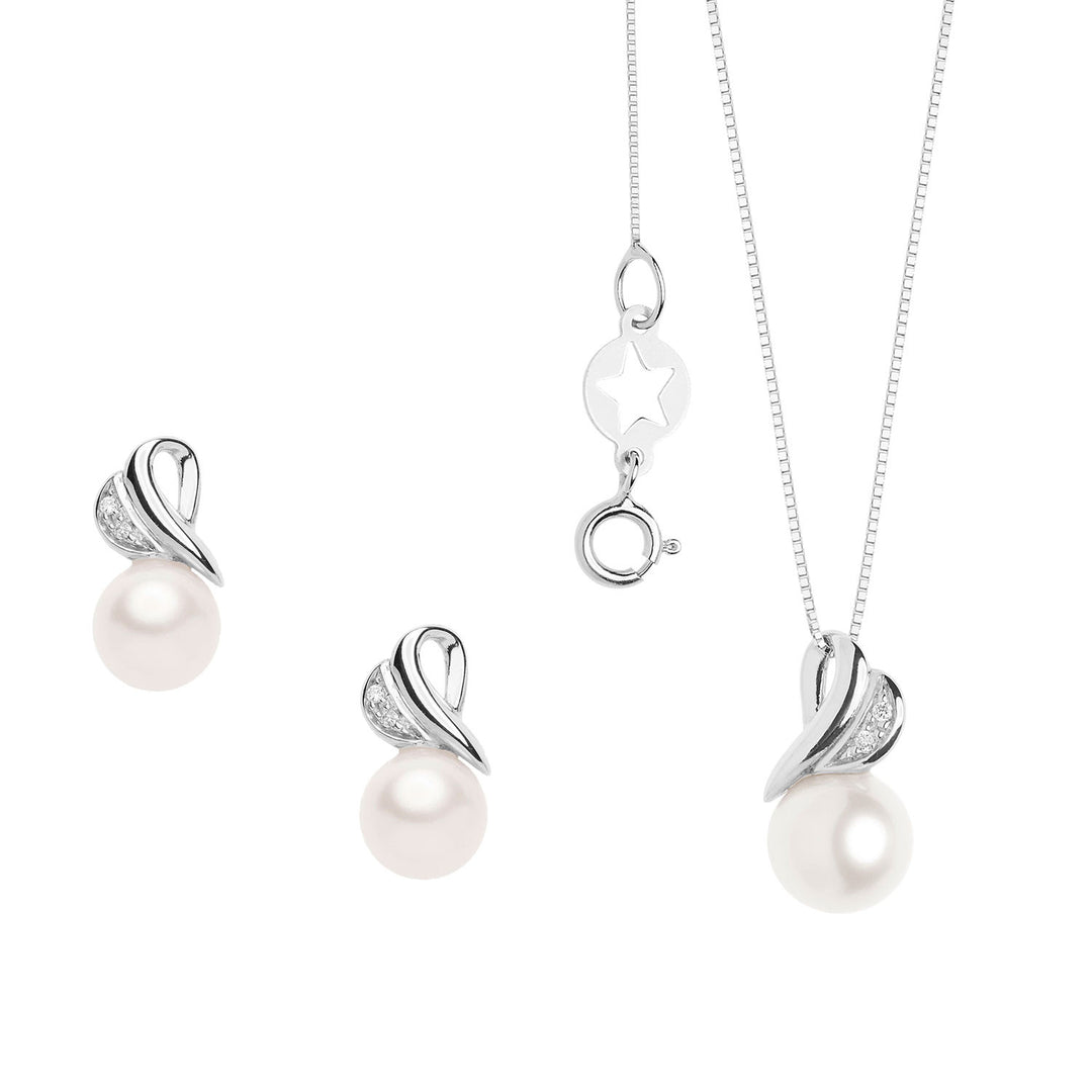 Comete Necklace and Earrings with Pearl and Diamonds in White Gold Heart KIT625761