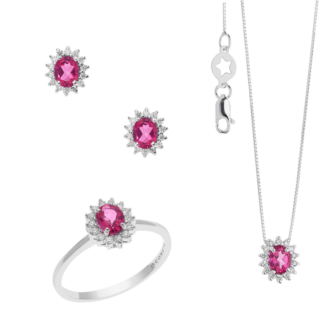 Comete-Halskette, Ring und Ohrringe aus Gold, Diamanten und ovalem rosa Topas KIT158125951039
