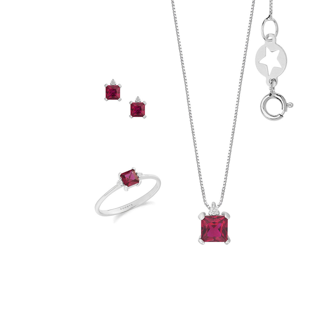 Comete Necklace, Earrings and Ring in white gold, Diamonds and Rubies carrè KIT168027071124