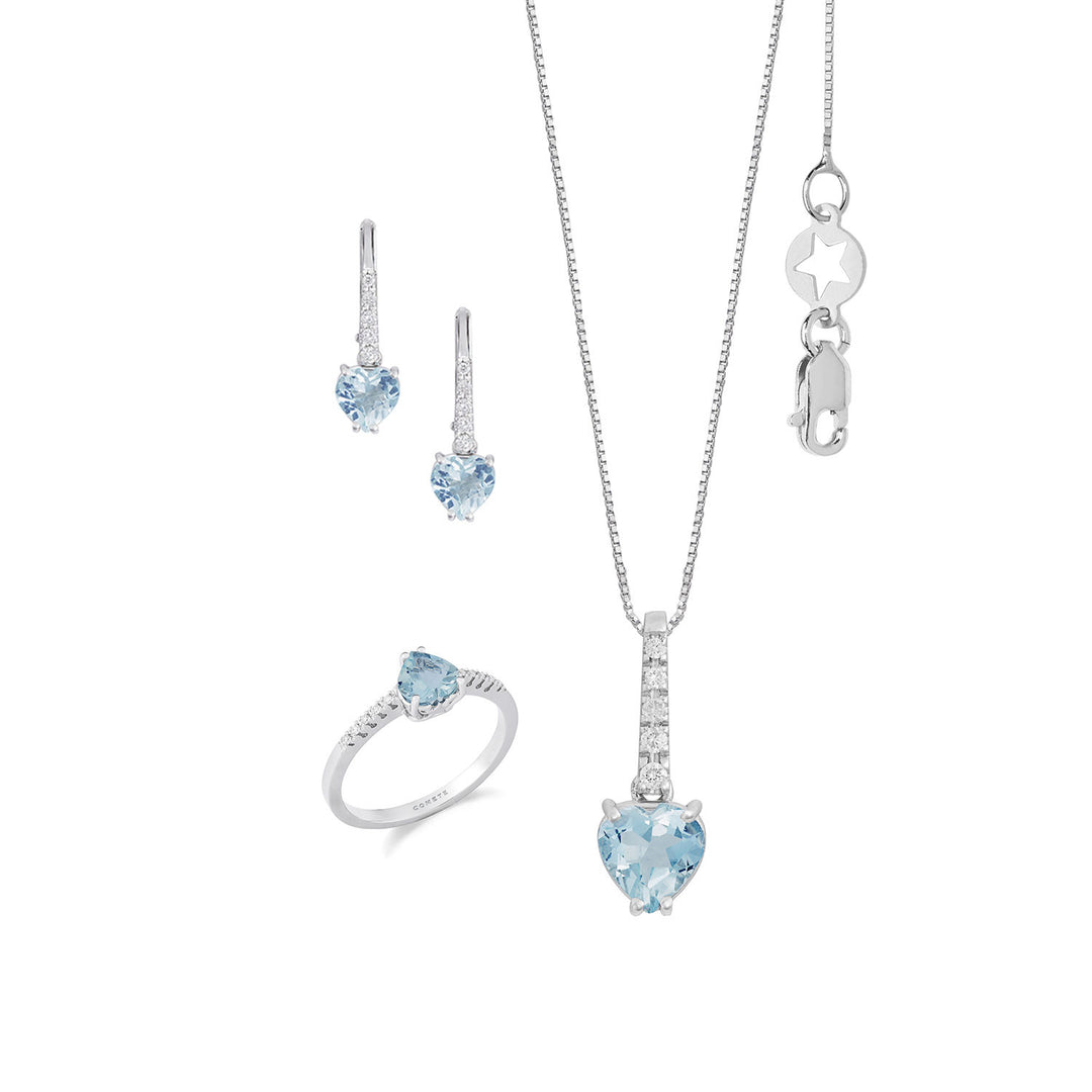 Comete ring, ketting en oorbellen Aquamarijn hart in goud en witte diamanten KIT319354279