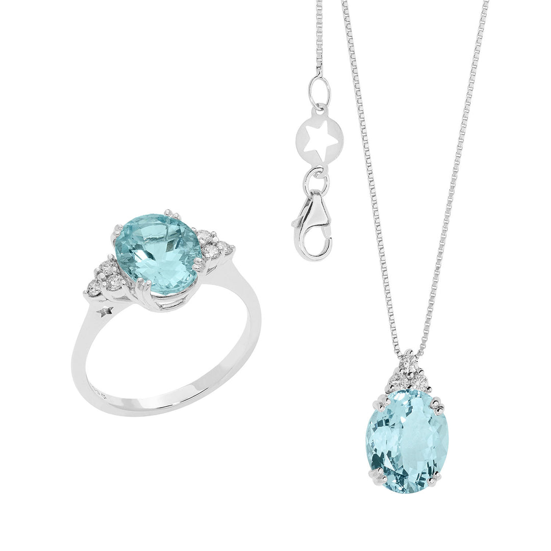 Comete-Halskette und Ring aus Golddiamanten und ovalem Aquamarin KIT300336