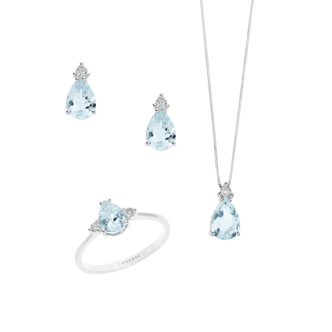 Comete Necklace, Ring and Earrings in Gold Diamonds and Aquamarine Drop KIT279307242