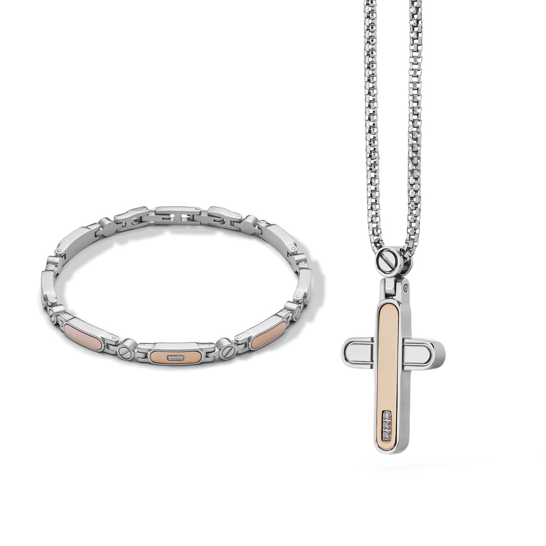 Comete Senior ketting en armband van gepolijst staal, rosé PVD en diamanten KIT7011009