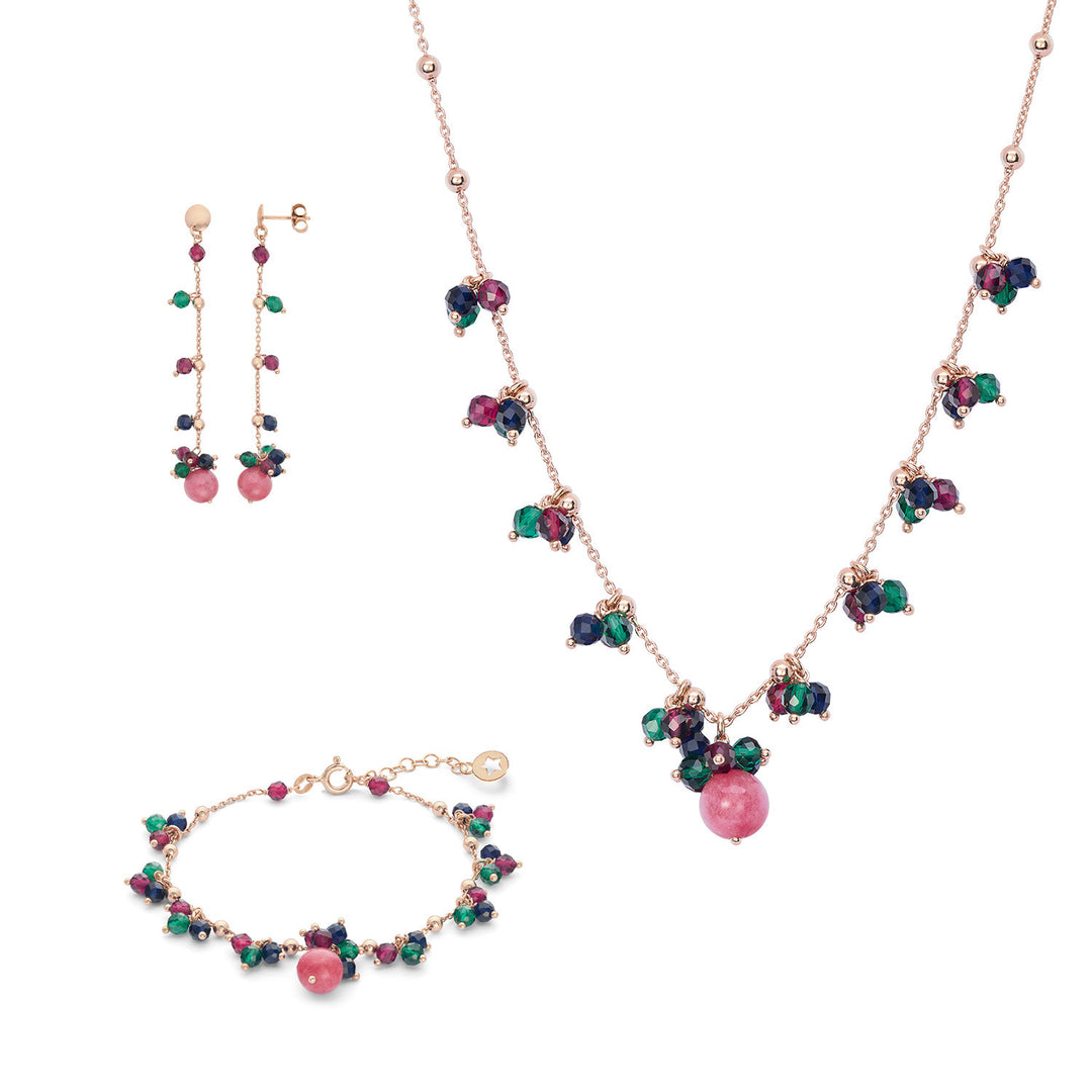 Comete Armband, Halskette und Ohrringe 925‰ Silber, Jade und blaue, rote und grüne Steine KIT272222272