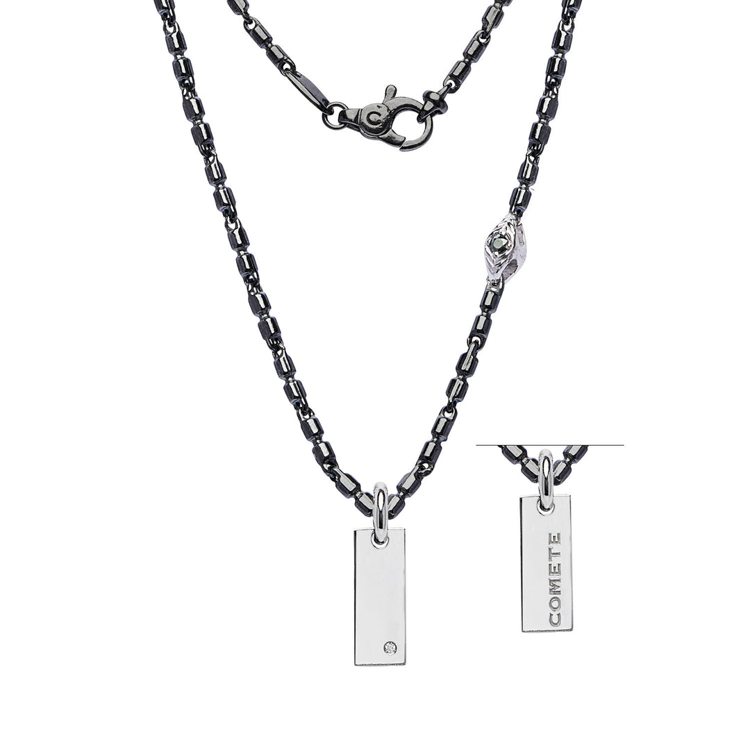 Comete Necklace in burnished and polished silver, diamond, black spinels UGL753