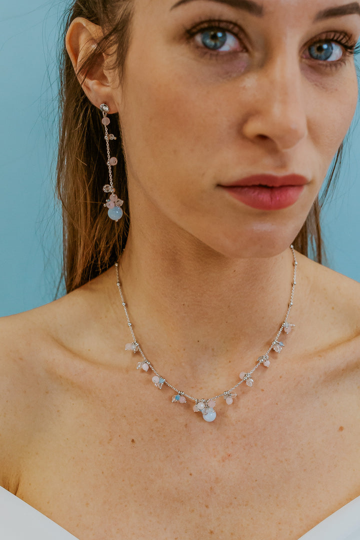 Comete Necklace 925‰ Silver with Aquamarine, Rock Crystal, colored Jade GLA273