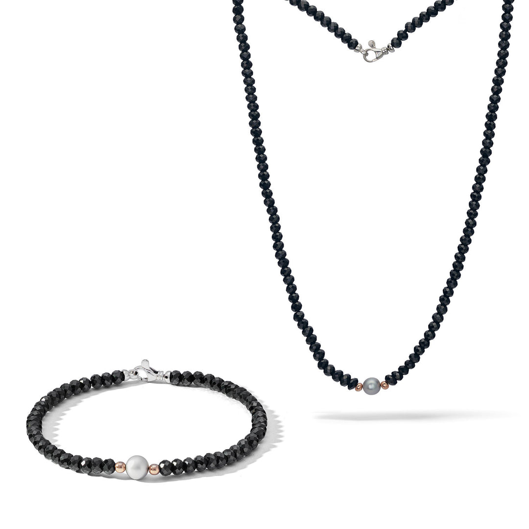 Comete ketting en armband in zilver met zwarte spinellen en grijze parel KIT7401176